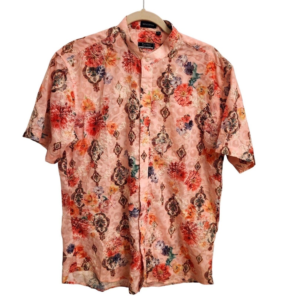 PORTABELLA NEW YORK Mens Pink Floral Short Sleeve Slim Fit Band Collar‎ Shirt L